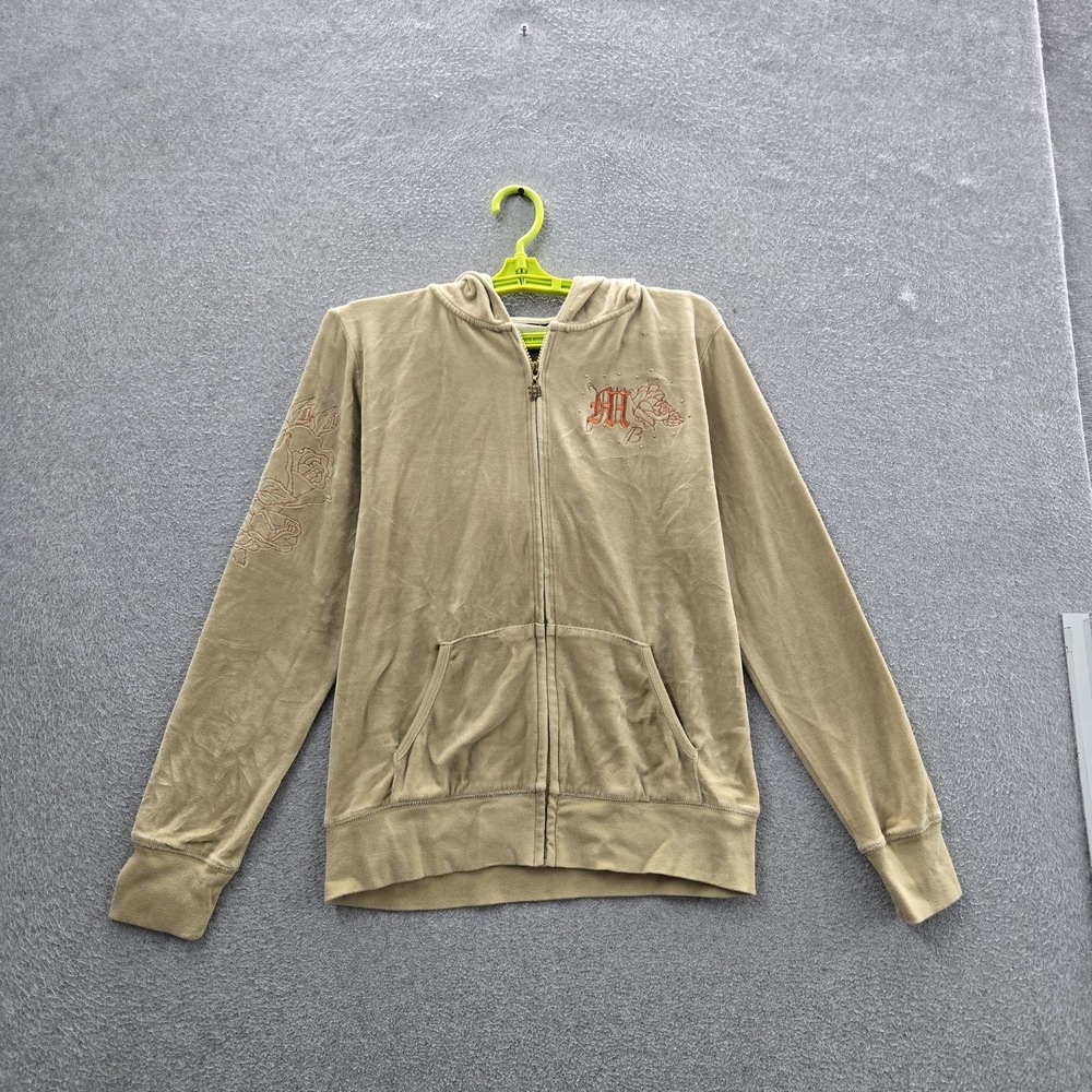 Makaveli Women Hoodie M Tan Embroidered Logo Grunge Rhinestone Velour Y2K